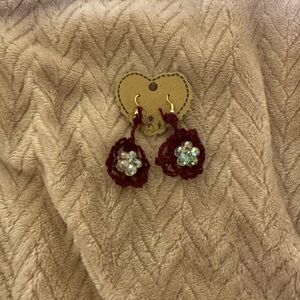 Handmade Burgundy Crochet Earrings with Floral Accent